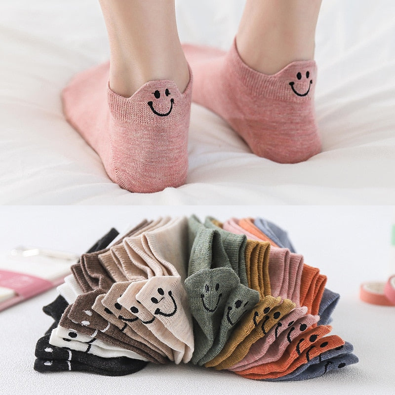 10 Pairs Spring Summer Female Socks Japanese Lovely Personality Heel Embroidered Smiling Face Lovers Solid Cotton Ankle Socks